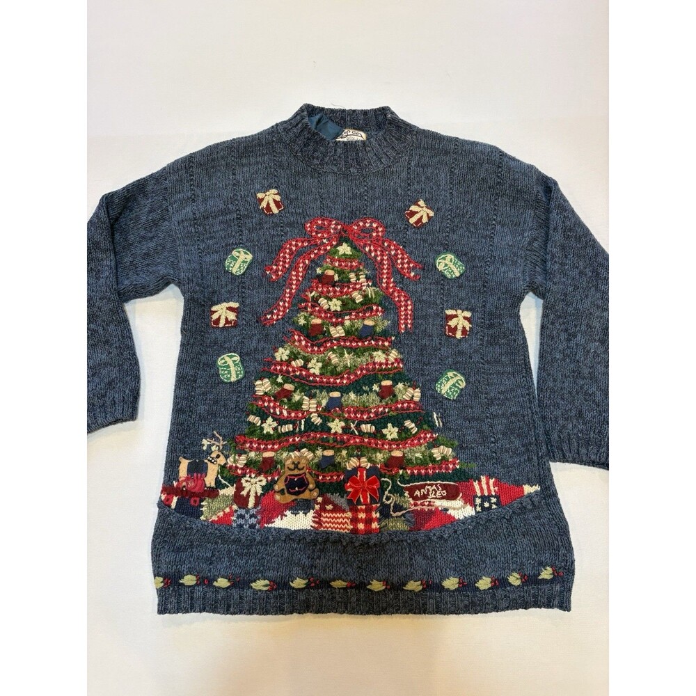 VINTAGE Heirloom Collectibles Sweater Womens Med Blue Christmas Tree Embroid 90s